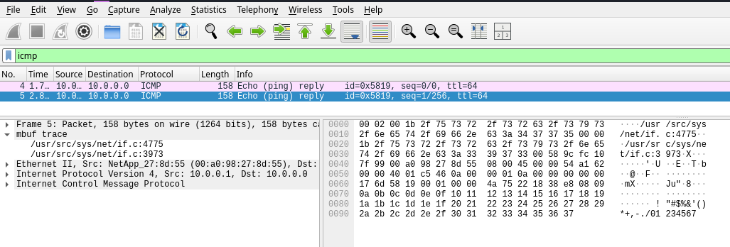 Wireshark showing mbuf traces